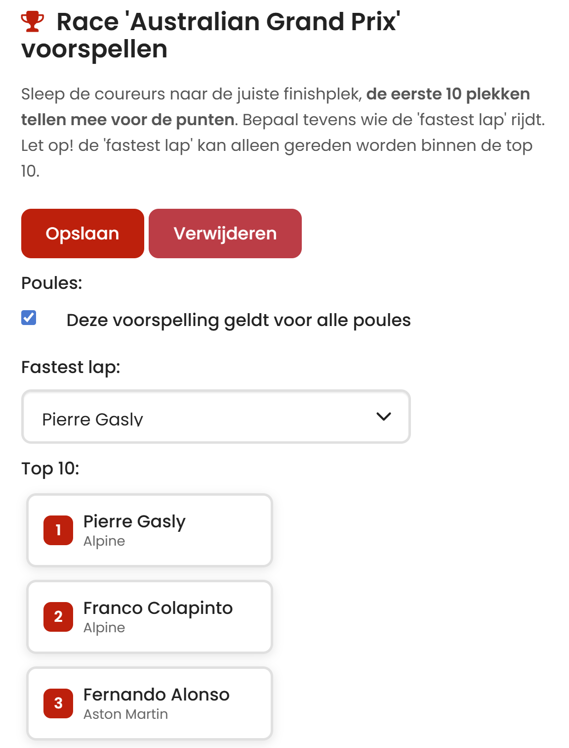 F1 Poule voorspellen